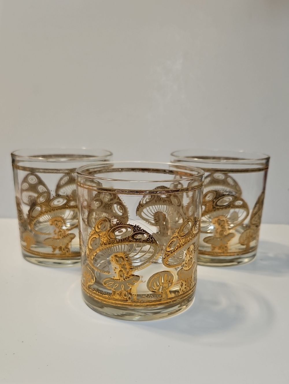 CLEAVER LTD SIGNED GOLD MUSHROOM, LOWBALL COCKTAIL GLASSES MID-CENTURY. SET OF 3